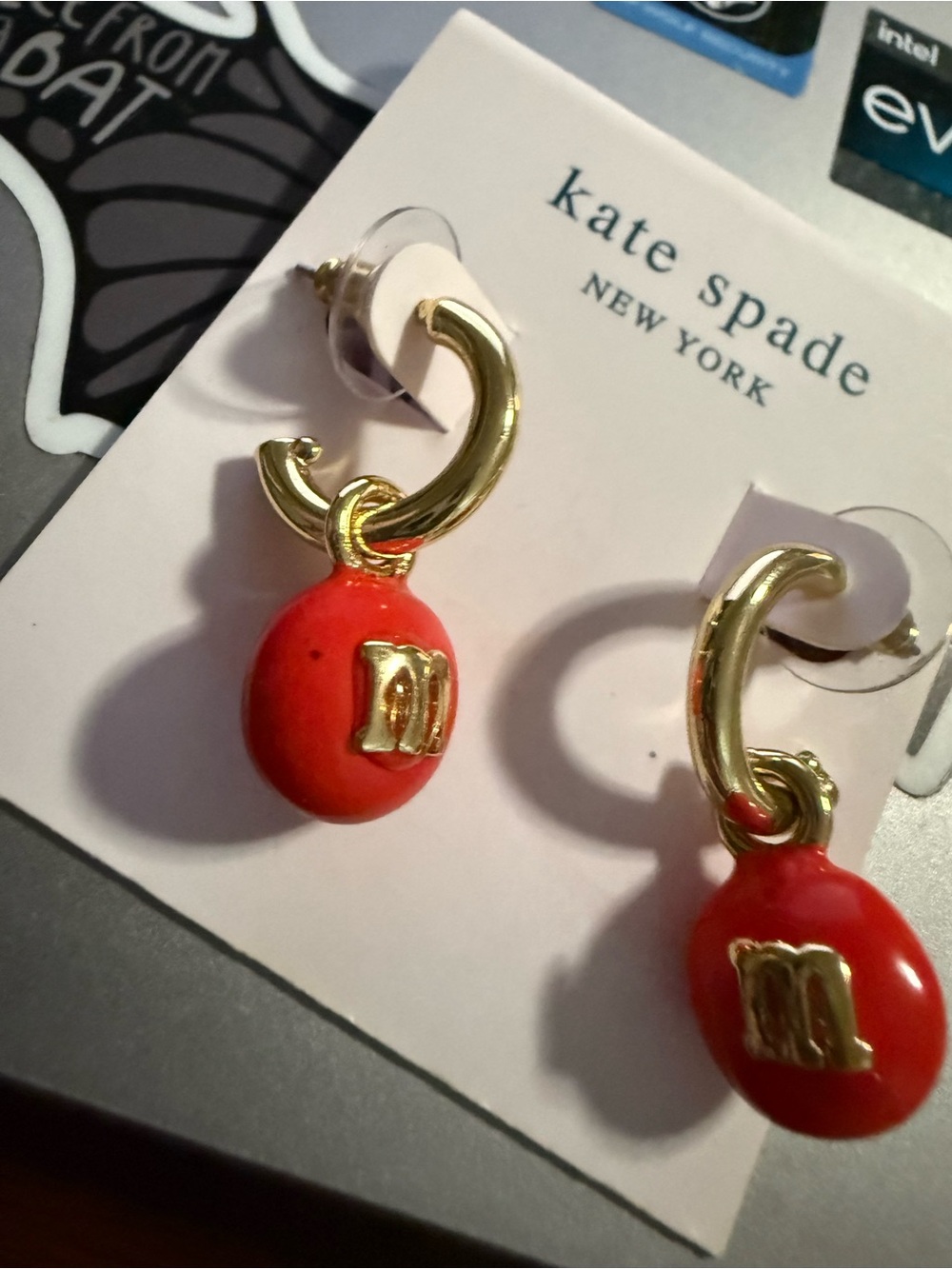 kate spade Limited M&M’s Gold Hoop Earrings with Red Enamel Drop Charms - Picture 2 of 3